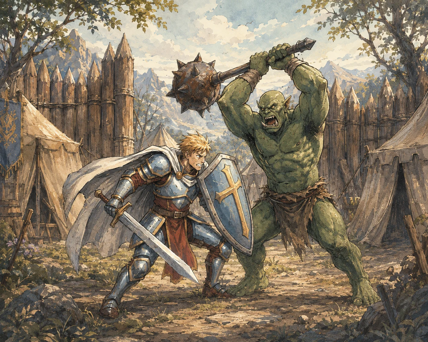 Knight frente a un orco, ilustración de Midgard Austral