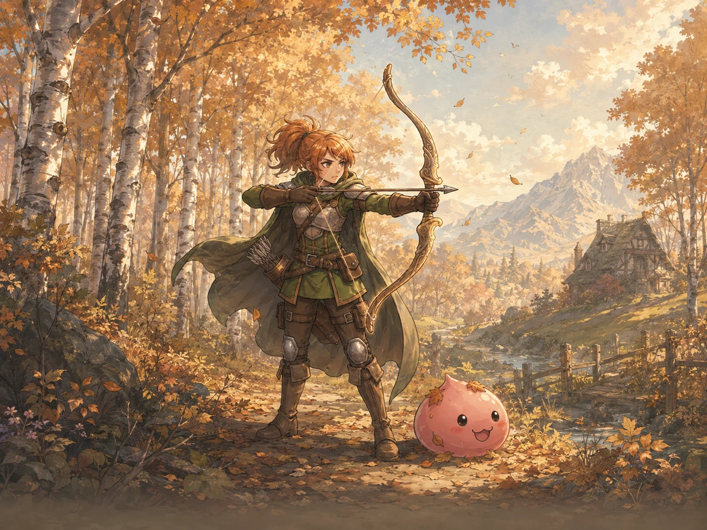 Archer y Poring en un bosque de otoño, ilustración de Midgard Austral